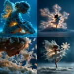 **view from bottom to top, winter fairy emerging from a pile of snow, neon glowing snowflake falling from her, quality snowflake macrophotography, studio photo against azure bg --v 7.0 --ar 4:5 --raw --c 5 --s 666** - <@1152889510158401576> (fast)