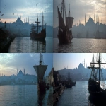**16th century Istanbul. early morning. a view of Istanbul from the quayside, a caravel moored, Hagia Sophia in the distance. ridley Scott movie --ar 16:9 --s 50 --raw** - <@1047237047888379954> (fast)