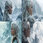 **The face of a beautiful elven woman with braided white hair, from an angle, staring in the distance, in a white cloud above an icy wasteland with frozen rocks, classic fantasy art --ar 2:1** - <@345758421947252741> (fast)