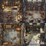**top-down view of a large industrial warehouse interior, with tall metal shelves, scattered wooden crates and cardboard boxes, worn concrete floor with oil stains, one wall features an alarm box, includes a couple of side rooms like an office and a storage room with doors, gritty realistic texture, harsh overhead lighting, detailed grid-friendly layout for tabletop RPGs, 2D isometric battle map, Dungeons & Dragons theme --v 6.0 --ar 1:1 --raw** - <@398622100233125890> (fast)
-# Create, explore, and organize on [midjourney.com](<https://midjourney.com/imagine?from_discord=1>)