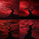 **A black tree with a red sky, in the horror style, dark background, high contrast, mysterious atmosphere, gothic elements, night scene, ominous lighting, ominous shadows, ominous colors, gothcore, conveying the size and scale of an ancient, dead oak in full bloom, against a backdrop of deep crimson clouds, evoking fear or awe, in the style of Stephen Gammell. --ar 9:20 --s 50 --v 6.1** - <@699706172105556009> (fast)