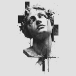**Design a greyscale, high contrast, hyper realism, beautiful female, stone bust, head slightly angled, liquid dripping from the inner corners of eyes, ink splatter background, overall the design is taller than it is wide** - Image #4 <@1116424656908464158>