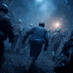 **coal miners working in a dark and dangerous underground mine. from the back of the mine, it starts to collapse. everyone is running torard the the camera. miners look scared** - Image #1 <@499594555298021396>