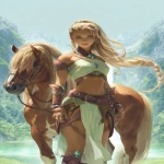 **<https://s.mj.run/x-bfnkC4zls> <https://s.mj.run/y2tZSvOzr-g> photorealistic, in the style of Artgerm and Boris Vallejo, anime style, centaur, distant view portrait of the extremely beautiful centauress teenage girl, with long silky blonde hair, Irish beauty, her mare's body chestnut in color with streaks of off-white, standing in front of a hidden large shimmering lake of mystical beauty in the daylight, some trees here and there, staring into the camera with green eyes, playful pose as in a children's book illustration, 8k, UHD, digital --ar 24:37 --s 729 --p pb7o4b5 --sref 1 598586750 <https://s.mj.run/H4Rzb7WMHBo> <https://s.mj.run/XmjN-whuKWg> <https://s.mj.run/3YjbbC3OtVk>** - Image #4 <@203743660951470080>