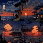 **a beautiful and serene sunset evening on a futuristic city, wide view of a beautiful mushroom shaped architecture, the setting sun is painting the lower part of the sky in to a beautiful red color, gradually fading into a dark blue night sky, the houses are lits from the sun, casting contrasty shadows on unlit parts. the sun is partially covered with clouds. --ar 16:9 --sref <https://s.mj.run/FCt1ifw6VkE> --s 250** - <@743405100755845202> (fast)