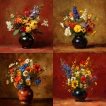 **A bouquet of wild Texan flowers in a glossy vase, warm color scheme background, painting style reminiscent of Ilya Repin.** - <@397396364566462464> (fast)