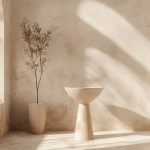 **Studio-style interior photo for furniture catalog use. A single empty plant stand or pedestal centered in the frame. The pedestal is completely empty. No items on top. No plants. No decor. No accessories. No objects of any kind on the stand or surrounding surfaces. Minimal boho interior design. Light neutral palette (off-white, soft beige, pale wood). Simple plaster wall background. Clean floor or tabletop surface with nothing placed on it. Bright diffused studio lighting, flat, even illumination, no directional light, no visible shadows, low contrast. Symmetrical composition, centered framing, large negative space, product documentation photography style, furniture design catalog aesthetic, DSLR quality, 50mm lens. --ar 4:3 --v 6.0 --chaos 0.5 --raw** - Image #4 <@1090435486935433258>