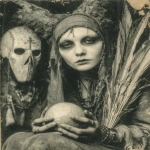 **1920 woman sitting in a robe holding a prophetic iris ball of crystal, exaggerated dark makup in the eyes, staring the camera, very old ferrotype crackled borders photography, in the style of ritualistic masks, vaudeville presentation, contemporary ferrotype photography, wiccan, indian scenes, 1920s --ar 87:112 --stylize 750 --v 7.0** - Image #2 <@1054482006731395092>