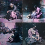 **A fast, strongly colored painting, heavily in tones of pink, white, purple-blue and black, of Parisian streets, Victorian era, focusing on a shabby beggar woman, seated, in full screen shot, dark atmosphere. Painted by Jenny Saville.** - <@1106776019475636345> (fast)
