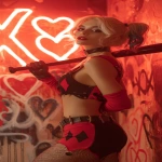**Harley Quinn in her classic black and red jester outfit, standing under a glowing red spotlight, holding her bat over her shoulder, chaotic graffiti hearts and X’s on the wall behind her, playful but dangerous expression, cinematic red tones, space for lyrics --ar 9:16 --v 7.0** - Image #3 <@257221362568003584>