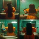 **in the bathroom, an asian woman with long black hair and an orange dress is using a blue brush to style her straight hair. the back of her head is facing forward, as she holds the hair brush in one hand. there's an empty sink next to her, surrounded by green tiles. it was filmed from behind. --ar 9:16** - <@1176528279734329450> (fast)