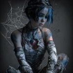 **fantasy concept character, there is a hole in her chest and you can see her heart and inside of her chest there are spiderwebs, she looks sad, she has short black hair with blue strikes, wearing rags and gladiator heels --v 7.0** - Image #1 <@450898678975168513>