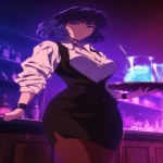 **Fuzzy 90s Anime screengrab, A night club filled with smoke and mirrors that reflect the single beauty standing back a bit walking forward, it's a woman in a business jacket and a long pencil skirt, dark brown stockings, she's carrying a tray with a large pitcher of ice that has glistening blueish square cubes inside and condensation down the glass, her hair midnight blue with purple tips and short cut hair ending around the shoulders, confident smile, narrow squinting blue eyes, pencil thin black eyebrows flat --ar 3:5 --niji 6** - Upscaled (Creative) by <@372629349565988865> (fast, stealth)