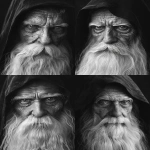 **realistic portrait of an old wise man with long white beard and deep eyes, wearing a dark hooded cloak, cinematic lighting, ultra-detailed wrinkles and skin texture, sharp focus on the face, soft shadows, mystical atmosphere, monochrome black and white, 8k, ultra realistic photography style --ar 3:4 --v 6.0 --no hand, staff, medallion, background symbols --raw** - Variations (Strong) by <@1146806236982034432> (fast)