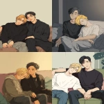 **Two young men sitting close together on a bar sofa at night. A is a slender K-pop young man with shoulder-length golden blond hair, fair skin, and slanted eyes. He is visibly drunk, body relaxed, hands loosely hanging, head resting weakly against B’s chest, with half-open hazy eyes, unaware of his surroundings. B is a slightly taller, broad-shouldered young man with a toned build and short black hair. He is sober, with one strong arm firmly wrapped around A’s slim waist, pulling him close in an intimate and possessive way. His other arm rests casually on the back of the sofa. His gaze is focused entirely on A, filled with hidden desire and intent, not at the viewer. The atmosphere contrasts A’s passive drunken state with B’s deliberate closeness, creating tension and intimacy. Minimalist manga style, clean line art, soft shading --ar 4:5** - <@846561249830371378> (fast)