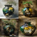 **an ancient brush painted kintsugi marble porcelain vase in green, yellow, black, silver, blue, with a golden brain frog sitting under a bamboo tree in a zen-garden, stamp, parchment background --p o5egy9r --v 7.0 --ar 89:128** - <@1002947002323185734> (relaxed)