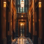 **an open elevator in the middle of a big fancy law firm office with lawyers. --ar 16:9** - Image #3 <@1062206989364641892>