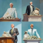 **a wealthy televangelist with an overflowing bag of money next to him on the pulpit, medium shot, against a light blue background, photorealistic --v 7.0** - <@809605622495445044> (fast)