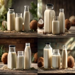 **Photorealistic still life of three different plant-based milk containers side by side on a rustic wooden table. First: a classic half-gallon square glass milk jug with black cap, thick clear glass, filled with creamy milk. Second: a simple mason jar filled with milk. Third: a clear PET plastic square 16oz bottle with a thin plastic wall, lightweight, modern disposable design, filled with milk and sealed with a plastic cap. Around the vessels are scattered coconuts, sprouted oats, and hemp seeds to represent the milk sources. Gentle morning light streams across the table, natural farm-to-table style, cinematic food photography --ar 3:2 --raw** - <@1235122149799231491> (fast)