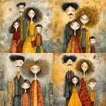 **whimsical photorealistic illustration of a fathers d mother with their girl and boy, father has black hair and a moustache, he’s wearing glasses, mother has curly blonde hair and she’s wearing glasses girl has dark brown hair and she’s wearing glasses, son has brown hair and is a little older and taller than the young girl --v 7.0 --p b3kgthr --s 750** - <@520759084903956481> (fast)