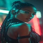 **realistic cyberpunk black female, at night, with neon lights in the background, red and turquoise. Strong light from above, on the face. High contrast. The female is looking towards the camera 3/4 view, she has braids, glowing eye cyber gear and an ear piece --ar 9:16 --v 7.0** - Image #1 <@1174469651695144981>