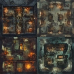 **top-down view of a large, Mistborn-inspired warehouse interior set in the Final Empire, dim ashfall light through grimy windows, segmented layout with interconnected rooms--storage chambers, hidden rooms, metal vault, office with ledger books and maps, rusted metal shelves and soot-streaked crates, narrow corridors and shadows ideal for skaa rebels or Allomancer infiltration, stone and steel construction, worn ash-covered floor, one wall has a glowing red alarm glyph, dark moody atmosphere, detailed grid-friendly RPG battle map, 2D isometric, Dungeons & Dragons meets Mistborn aesthetic --v 6.0 --ar 1:1 --raw** - <@398622100233125890> (fast)
-# Create, explore, and organize on [midjourney.com](<https://midjourney.com/imagine?from_discord=1>)
