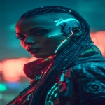 **realistic cyberpunk black female at night in a neon city background, red and turquoise. Strong with light from above, on the face. High contrast. The female is looking towards the camera 3/4 view, she has braids and a side shave, glowing eye cyber gear, glowing ear cyber gear. --ar 9:16 --v 7.0** - Image #1 <@1174469651695144981>