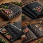 **design of a menu for a steak restaurant, dark and elegant with images of steaks and herbs on the front page. design elements include slices of steak, a minimalistic style with modern typography and illustrations, a black background with golden details, a wood table top surface with some fresh rosemary leaves, and professional photography in high resolution.** - <@1058622562147504138> (fast)
-# Create, explore, and organize on [midjourney.com](<https://midjourney.com/imagine?from_discord=1>)