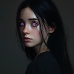 **<https://s.mj.run/muS-oHCJDy0> A realistic fantasy portrait of a plain looking young woman seen from a three-quarter over-the-shoulder angle, as if she has just turned back to look at the viewer. She has an oval face, smooth pale skin, and long jet-black straight hair parted in the center, with one loose strand falling across her face for a slightly messy, dramatic look. Her large, round eyes glow a pale, luminous lavender unnaturally bright, giving a magical effect. Her expression is concerned, almost startled, as if she has just heard something behind her. She wears a simple dark casual shirt. The lighting is soft and moody, with gentle shadows, and the background is neutral and slightly blurred. Highly detailed, cinematic portrait style, square format. Not beautiful.** - Image #3 <@1071781315294285928>