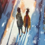 **watercolor style, overhead shot of a queer couple, two black men, one has dreads and one has a buzz cut, walking together on a vibrant snowy city street during golden hour with warm sunlight, joyful, playful energy, Pixar-style animation aesthetic, warm character design, expressive features, winter time, snow, , --v 6.0 --ar 16:9** - Upscaled (Creative) by <@751946353352900610> (fast)