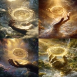 **a divine hand emerging clearly from a swirling cloud, holding a large glowing golden coin with a prominent Bitcoin symbol in the center. The hand is detailed and realistic, as if from a live-action film. The coin floats in front of the hand, shining brightly with golden light, surrounded by mystical sparkles. The background shows golden rays, a garden and a distant mountain path, everything in magical fantasy style, hyper-realistic, cinematic quality. --ar 7:12 --v 7.0 --raw** - <@1082409841915601038> (relaxed)