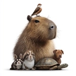 **realistic photo of a capybara with skunk, rabbit, dog, and a turtle next to him and a bird sitting on top of the capybara's head. No background. --ar 1:1** - Image #1 <@1103473492940296212>