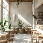 **A minimalist tropical restaurant design, seamless indoor-outdoor flow, white concrete walls, warm wood slats, lush indoor plants, rattan furniture, soft natural sunlight, serene atmosphere, architectural visualization --ar 3:2 --v 6.0** - Image #1 <@1296729788215595112>