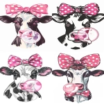 **a cute cow face with a big pink polka-dot bow, blowing a bubblegum bubble, squinting one eye, white background, cartoon style, pop art, high detail, symmetrical --v 6.0 --ar 2:3** - <@1221876511502504019> (fast)