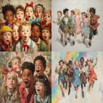 **Group of multi-racial happy children, 🌈 🐲 🚨, in the style of Norman Rockwell --ar 4:3 --v 7.0** - <@1071437900610293863> (fast)