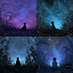 **anime art style, a young boy in silhouette sitting in a wilted field, surrounded by sharp jagged grass and withered plants, the field dark and eerie with cracked soil, atmosphere tense and scary, boy gazing upward into a vast night sky filled with countless glowing stars, strong value contrast with boy as darkest figure against luminous sky, composition with rule of thirds placing boy low in the frame and sky dominating, cinematic mood, painterly digital illustration, haunting and emotional** - <@189255832385486848> (fast)