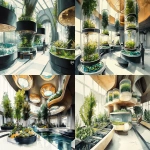 **<https://s.mj.run/J481k19R0sY> <https://s.mj.run/Nlu3ItpiLmk> <https://s.mj.run/5Zwnb5PDQNM> an illustration using black pen and watercolour, loose sketchy watercolor and black pen illustration of a futuristic healthcare waiting room a multi storey vertical farm on one side , plants grows with tanks of fish above them , the space which is filled with trees, the noerthern lights are present at the high ceiling to individual wellness pods, zaha hadid organic futuristic architecture highly detailed, unique --ar 16:9 --v 6.1 --s 250** - <@999895176619237436> (fast)