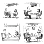 **a black and white cartoon illustration of an HR meeting. a man is flipping a table upside down with his hands. There is an HR women on the other side of the desk looking shocked.** - <@1071571012547780618> (fast)