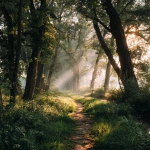 **Green forest path with sunlight shining through trees, soft mist, calm aesthetic --ar 4:5** - Image #3 <@1317242788189831250>