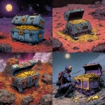 **cifi comic book style, futuristic chest, full of gold coins, on crater planet, scifi comic book style** - <@186377350642925568> (fast)