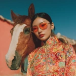 **Ultra realistic high resolution full length photo of a young pretty Asian girl happily wearing bright chinese new year shirt with modern fashion sunglasses, posing happily next to a bright color horse, the background is minimal, hyperrealistic scene. --s 250** - Image #3 <@389249015331422210>