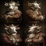 **<https://s.mj.run/1NjRNbUywKQ> photo portrait of a very rich European king with his arms crossed in front of his body, but his head is a mostly white cow's head and he is wearing a crown and carrying a sceptre --ar 2:3 --v 7.0** - <@1103975769467789322> (fast)