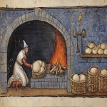 **Medieval illuminated manuscript scene depicting [baker kneeling beside an open hearth with fire roaring; heavy sacks and loaves of dough nearby], flat perspective, rich saturated colors, delicate black outlines, 14th century European manuscript style, parchment texture, simplified stylized figures with pale complexions and rosy cheeks, architectural background with blue-gray walls, minimal shading, historical accuracy, --ar 16:9 --v 6.1 --raw** - Image #2 <@1168965155363762248>
