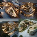 **conceptual architectural render of a public campus building, based on an organic, realistic, detailed, complex structure, curving floor plan layout emphasizing flowing, inclusive spaces with curved glass facades, warm wood textures, soft ambient lighting, landscaped open courtyards, integrated indoor-outdoor transitions, modern minimalist furniture high-resolution, aerial perspective, photorealistic style, rendered with soft shadows and realistic materials** - <@759292859500855326> (fast)