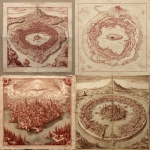 **a 15th century, illustrated map of a fantasy city similar to Venice, set in a subtropical lagoon at the foot of a Vesuvian volcano. The map indicates the location of a giant, sleeping frog in the lagoon. Engraving in red and sienna on cream-colored paper.** - <@470028338816090113> (fast)
-# Create, explore, and organize on [midjourney.com](<https://midjourney.com/imagine?from_discord=1>)