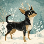 **A black tan and white Chihuahua (from the reference image) illustrated in a retro mid-century Christmas style, depicted as a young reindeer with antlers in a snowy winter scene. Soft vintage textures, hand-painted look, nostalgic holiday aesthetic, classic 1950s Christmas card illustration style --ar 4:5 --v 7.0** - Image #3 <@776899577458589780>
