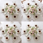 **simple, yet elegant tabletop, view is looking down on it, elegant ivory linen tablecloth, centerpiece of pink and white roses, six (6) steaming coffee cups symmetrically placed at each of the six (6) table settings** - Zoom Out by <@1141845422852280493> (turbo)