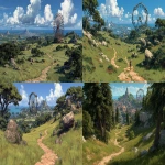 **a large artistic poster composition of open World environments blending seamlessly together lush green fields, stone paths, distant futuristic city skylines, and a giant ferris wheel in the background merge multiple landscapes with smooth transitions and layered depth, open spaces for characters and logo placement, high-detail grass, trees, rocks, and soft light shadows ultra realistic yet stylized gaming world aesthetic, cinematic lighting, vibrant color palette, immersive 3D render style, epic metaverse atmosphere, no text, no borders, 16:9 ratio --v 7.0 --ar 16:9 --q 4 --chaos 25 --s 750 --raw** - <@872190420770250814> (fast)