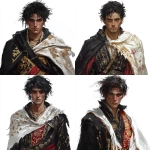 **A young Romani wizard with a rugged and tattered appearance, especially on his face. He has wild, unkempt black hair and wears a black robe with golden details, visibly worn and frayed. Over his shoulders, he drapes a white and red cloak decorated with intricate Slavic floral patterns. His face bears a scar caused by lightning, and one of his eyes is covered by a tied cloth with a symbol of an EYE. He stares directly at the viewer with an intense, mysterious expression. The background is pure white. The art style is highly detailed fantasy character concept art, Dungeons & Dragons style, with dramatic lighting and realistic textures.** - <@202010418003181568> (fast)