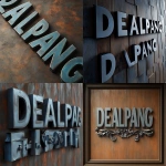 **An advertising poster for the Dealpang features its logo and letters in gray, and large font letters next to them with "DEALPANG" written on each letter, all in a luxurious design of dark blue steel. The background is brown. The photograph was taken by professional photographers using high-quality equipment. It employs HDR photography with high resolution. The lens used has very good sharpness and bokeh effect, resulting in high detail and hyper quality** - <@1270191911441010708> (fast, stealth)